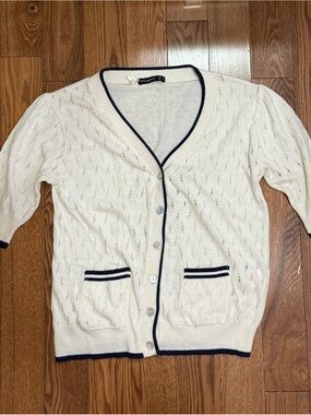 Atmosphere Cream Cardigan with Navy Trim